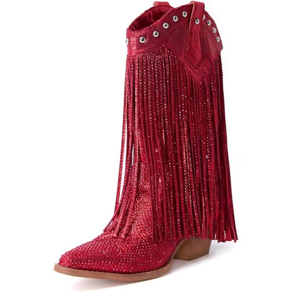 ⚡Women's Red Pointed toe Thick Heel Ankle Boots Ladies Crystal Embroider - Picture 3 of 6